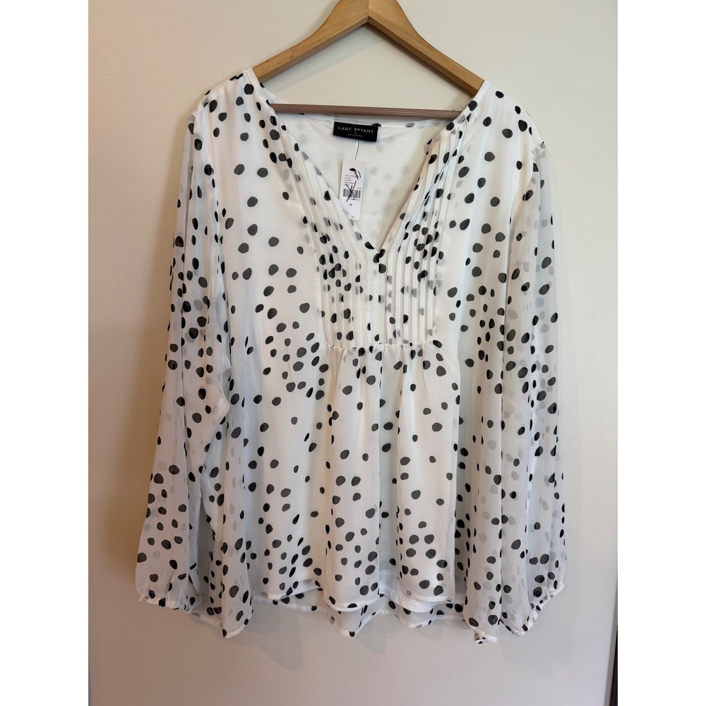 Lane Bryant Polka Dot V-Neck Pintuck Blouse White Black Size 28 NWT